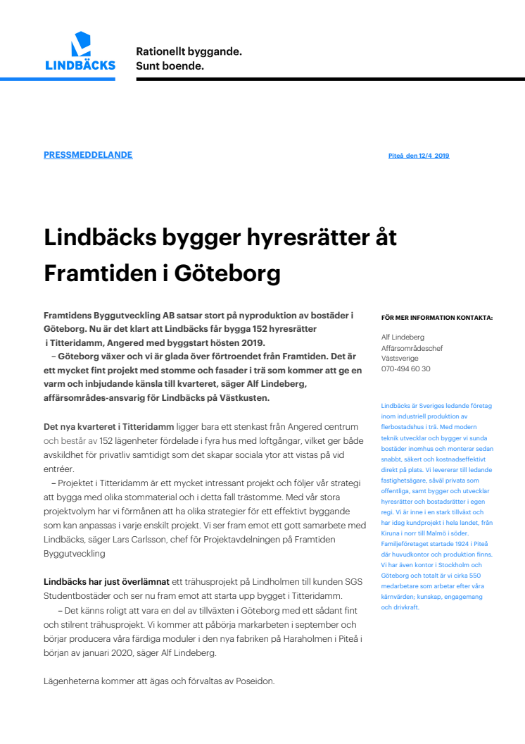 Lindbäcks bygger hyresrätter åt Framtiden i Göteborg