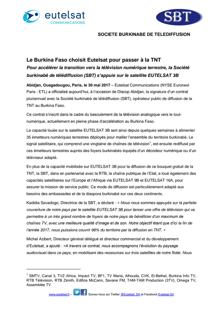 Le Burkina Faso choisit Eutelsat pour passer à la TNT 