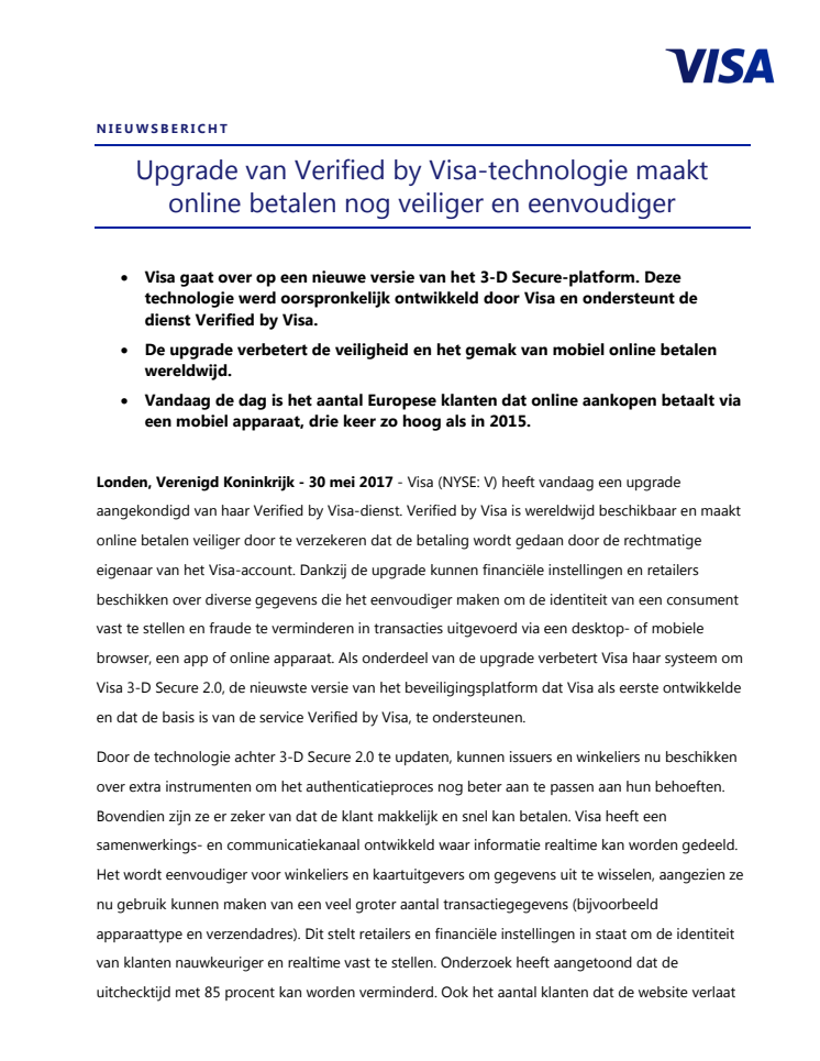 Upgrade van Verified by Visa-technologie maakt online betalen nog veiliger en eenvoudiger 