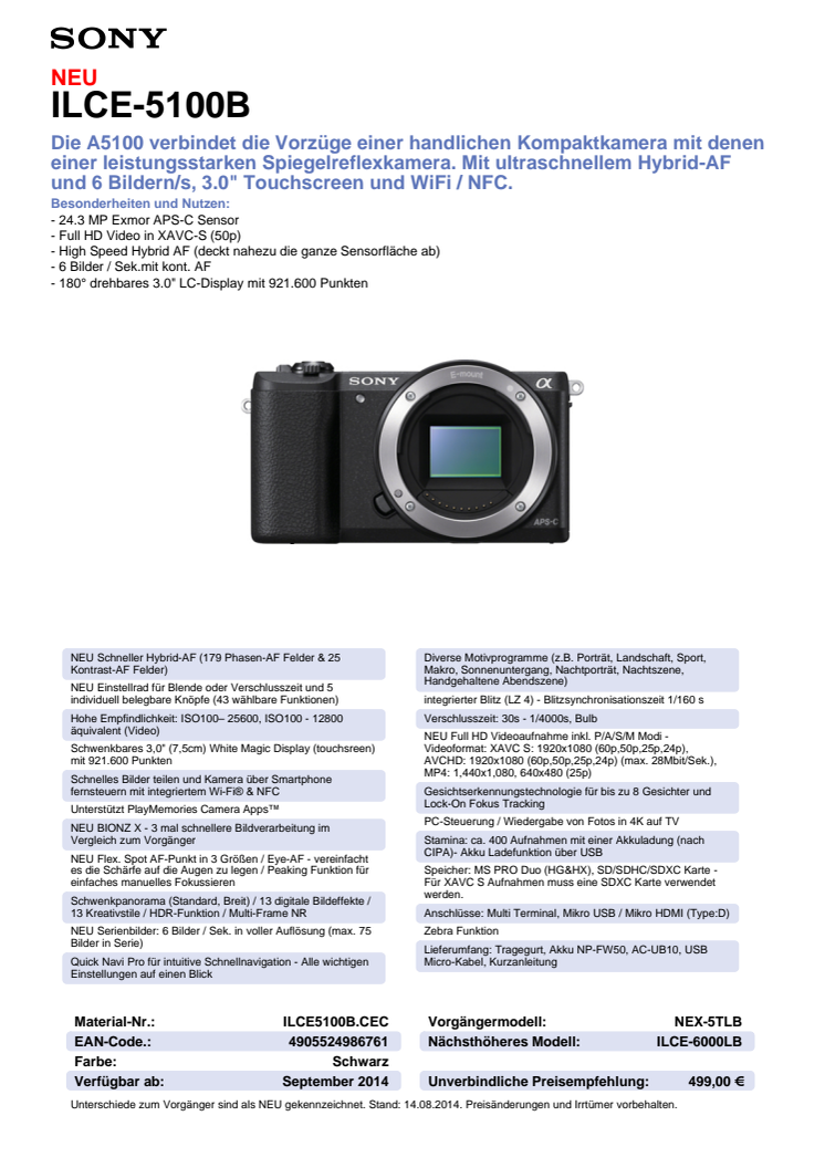 Datenblatt ILCE-5100B von Sony