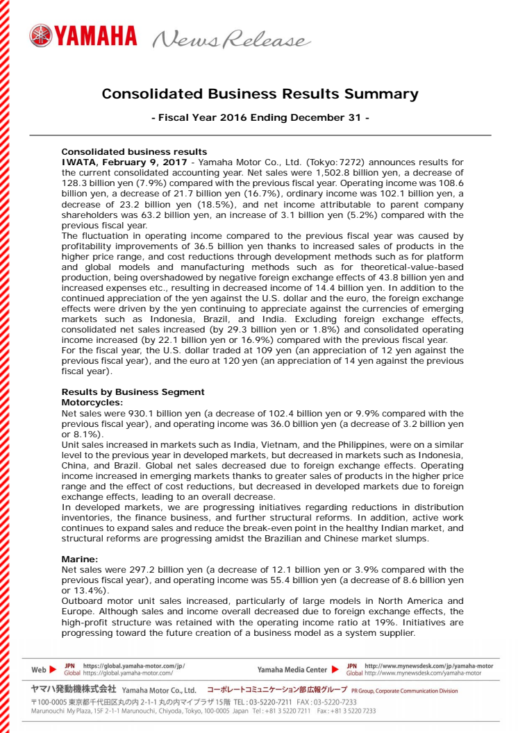 Consolidated Business Results Summary　- Fiscal Year 2016 Ending December 31 -