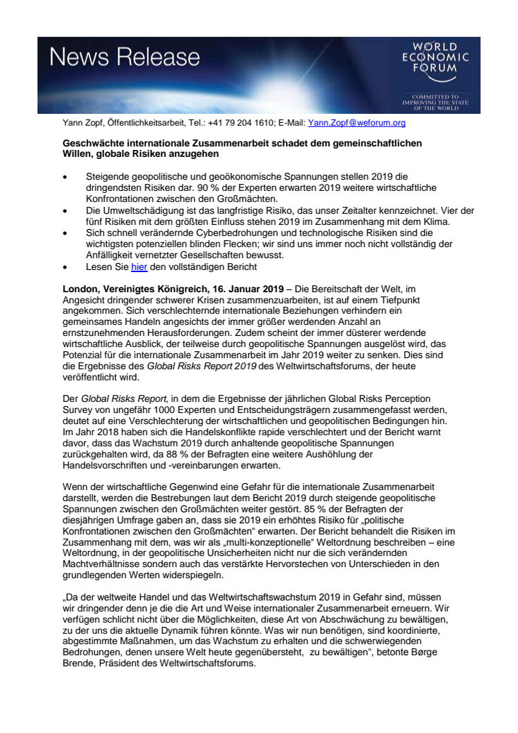 Global Risks Report 2019: Geschwächte internationale Zusammenarbeit schadet dem gemeinschaftlichen Willen, globale Risiken anzugehen