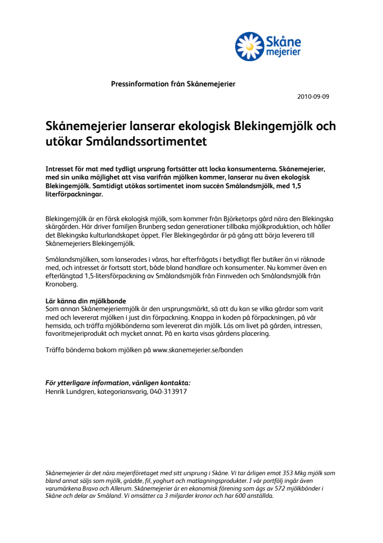 Skånemejerier lanserar ekologisk Blekingemjölk och utökar Smålandssortimentet