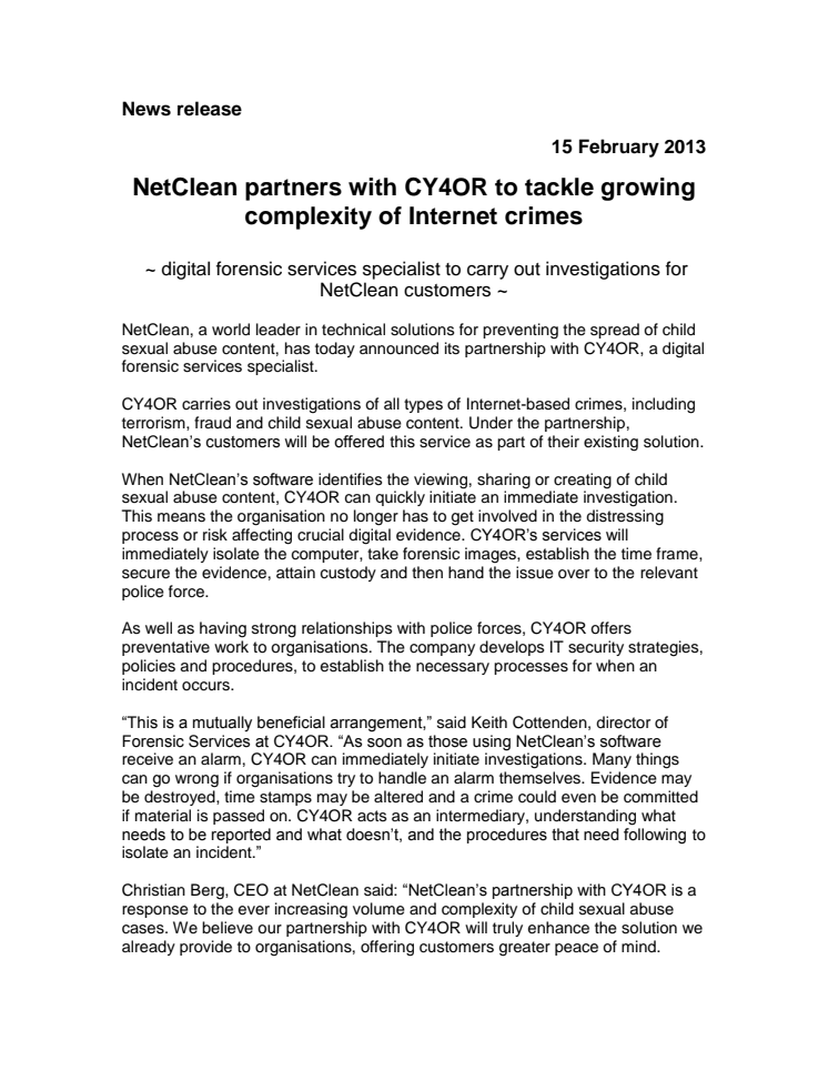 NetClean partners with CY4OR to tackle growing complexity of Internet crimes
