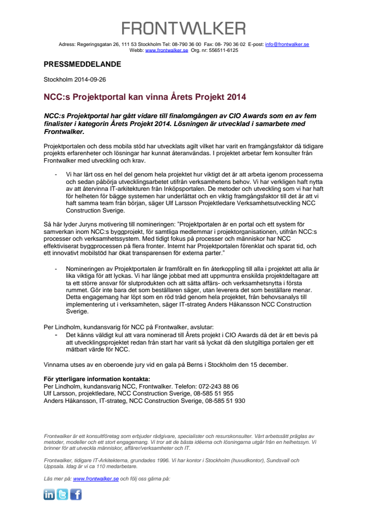 NCC:s Projektportal kan vinna Årets Projekt 2014 