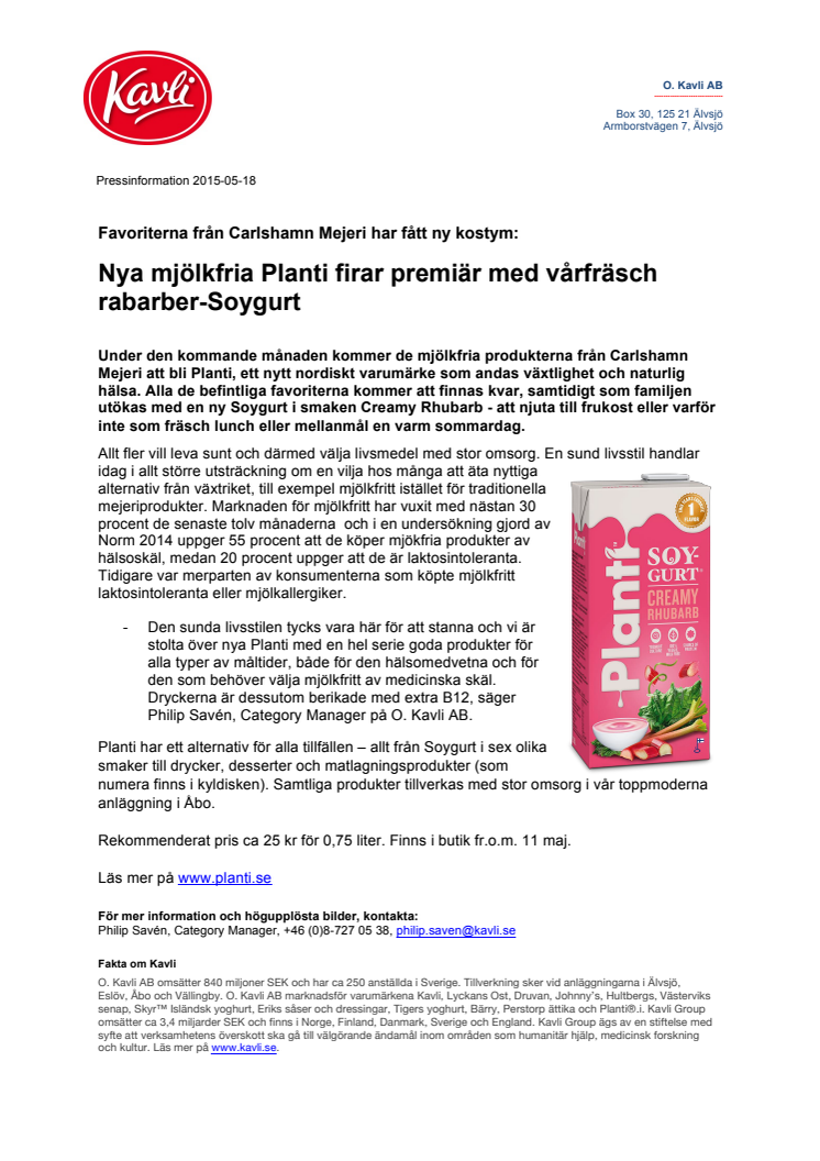 Favoriterna från Carlshamn Mejeri har fått ny kostym:   Nya mjölkfria Planti firar premiär med vårfräsch rabarber-Soygurt