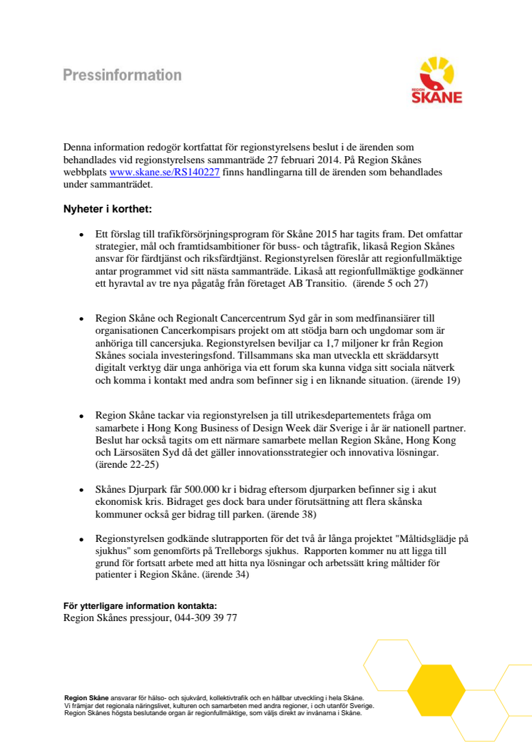 Pressinformation från regionstyrelsens sammanträde 27 februari 2014