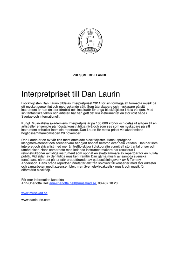 Interpretpriset till Dan Laurin