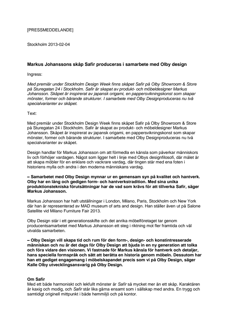 Markus Johanssons skåp Safir produceras i samarbete med Olby design