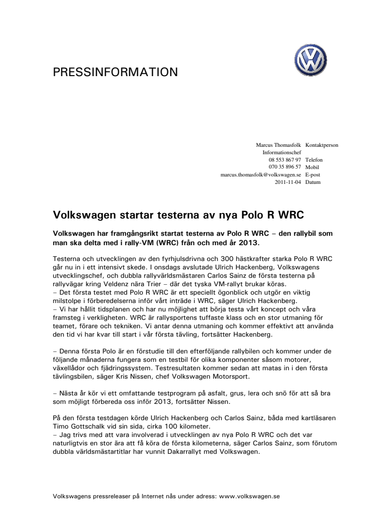Volkswagen startar testerna av nya Polo R WRC