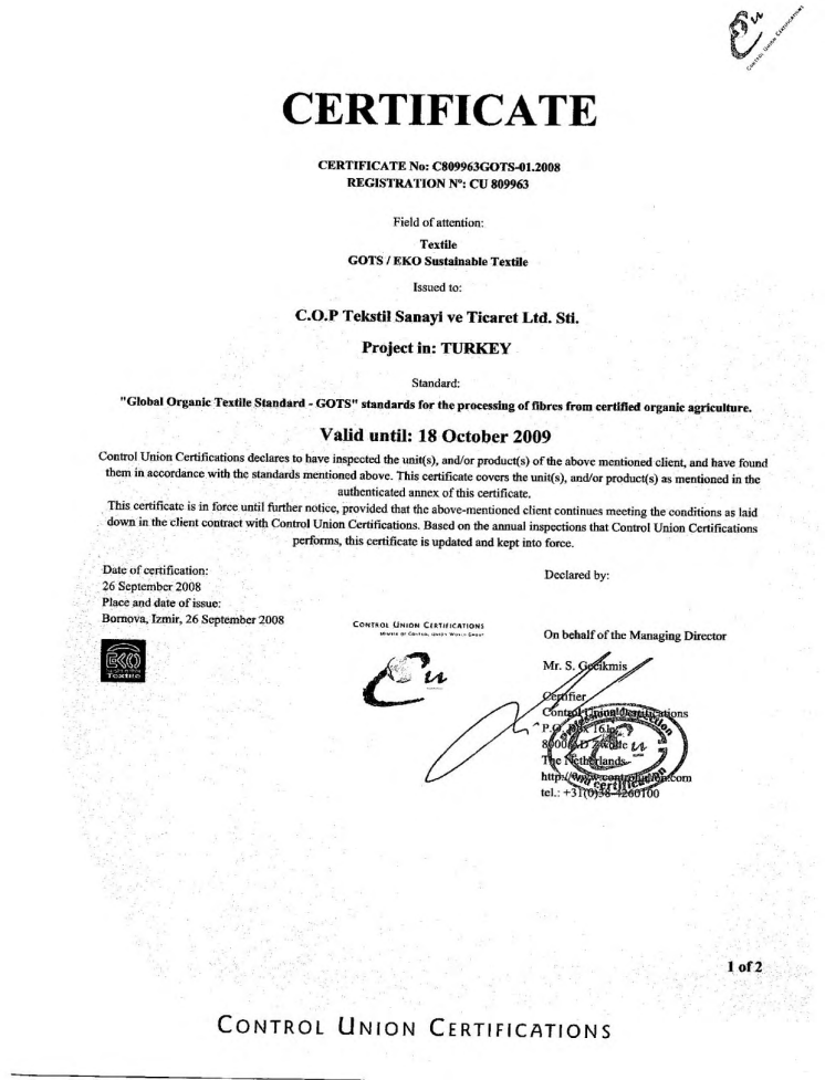 Earth Positive - CU Organic Printing Certificate