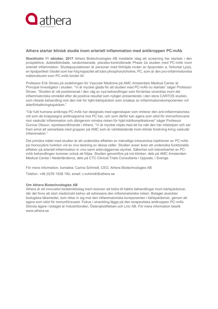 ​Athera startar klinisk studie inom arteriell inflammation med antikroppen PC-mAb
