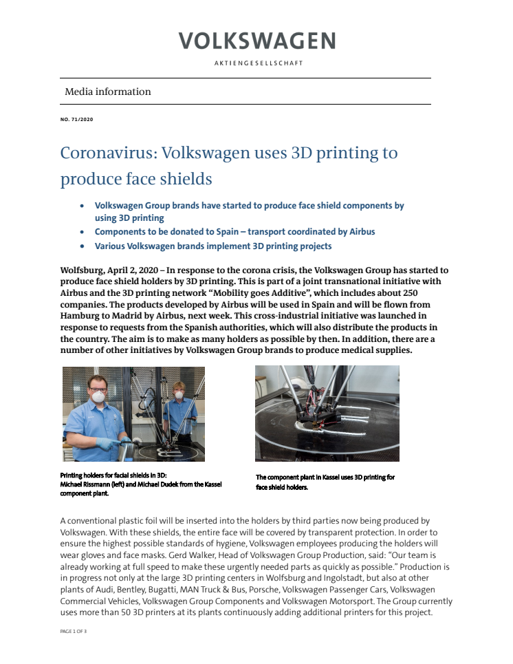 PM Coronavirus_Volkswagen uses 3D printing to produce face shields