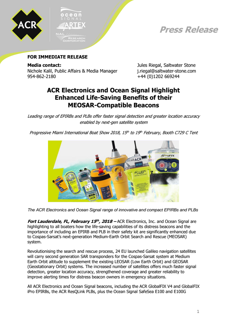 ACR Electronics and Ocean Signal Highlight  Enhanced Life-Saving Benefits of their  MEOSAR-Compatible Beacons