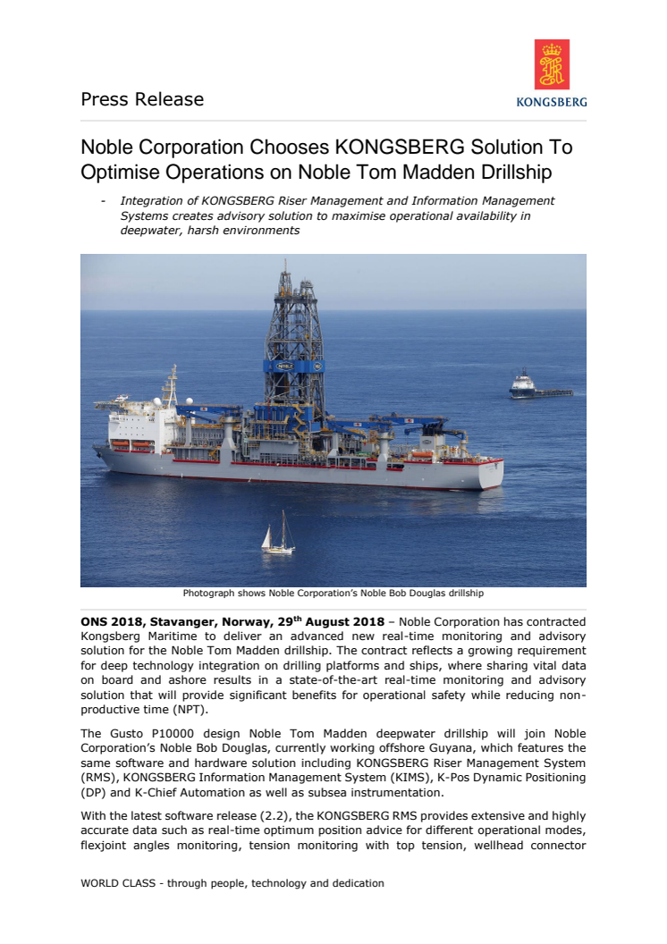 Kongsberg Maritime: Noble Corporation Chooses KONGSBERG Solution To Optimise Operations on Noble Tom Madden Drillship