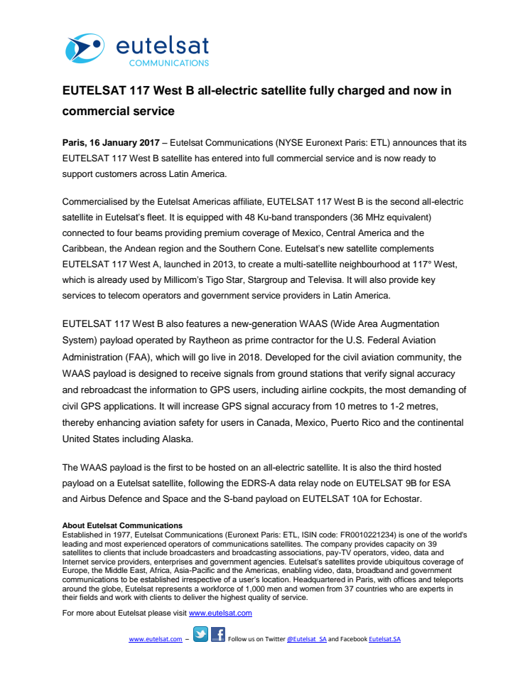 EUTELSAT 117 West B all-electric satellite fully charged and now in commercial service