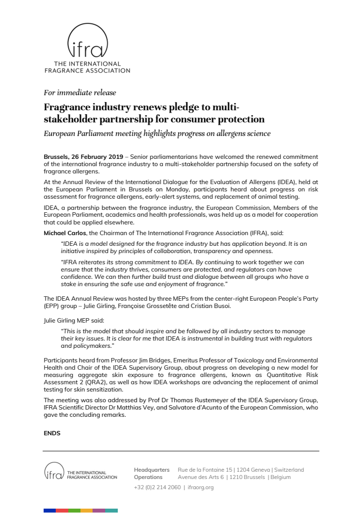 Fragrance industry renews pledge to multi-stakeholder partnership for consumer protection