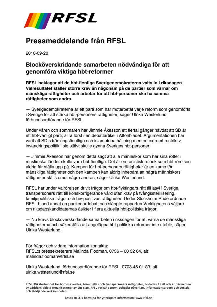 Blocköverskridande samarbeten nödvändiga för att genomföra viktiga hbt-reformer