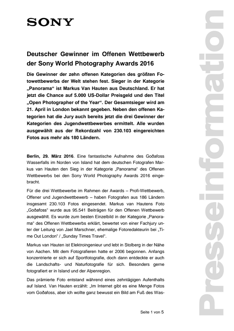 Deutscher Gewinner im Offenen Wettbewerb der Sony World Photography Awards 2016 