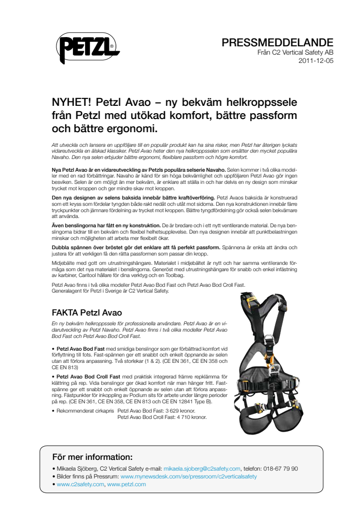 NYHET! Petzl Avao – bekväm helkroppssele från Petzl med utökad komfort, bättre passform och bättre ergonomi