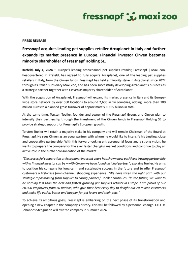 240704_press release - Fressnapf acquires Arcaplanet. Cinven becomes minority shareholder of Fressnapf Holding SE.pdf