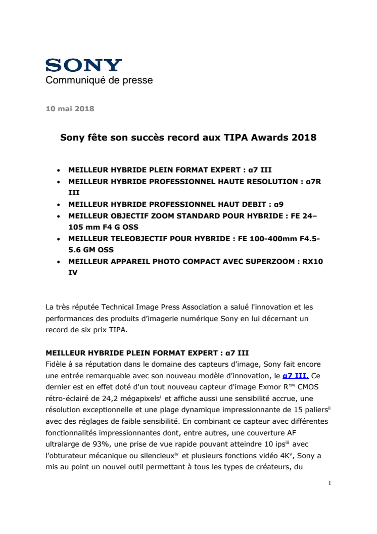 Sony fête son succès record aux TIPA Awards 2018 