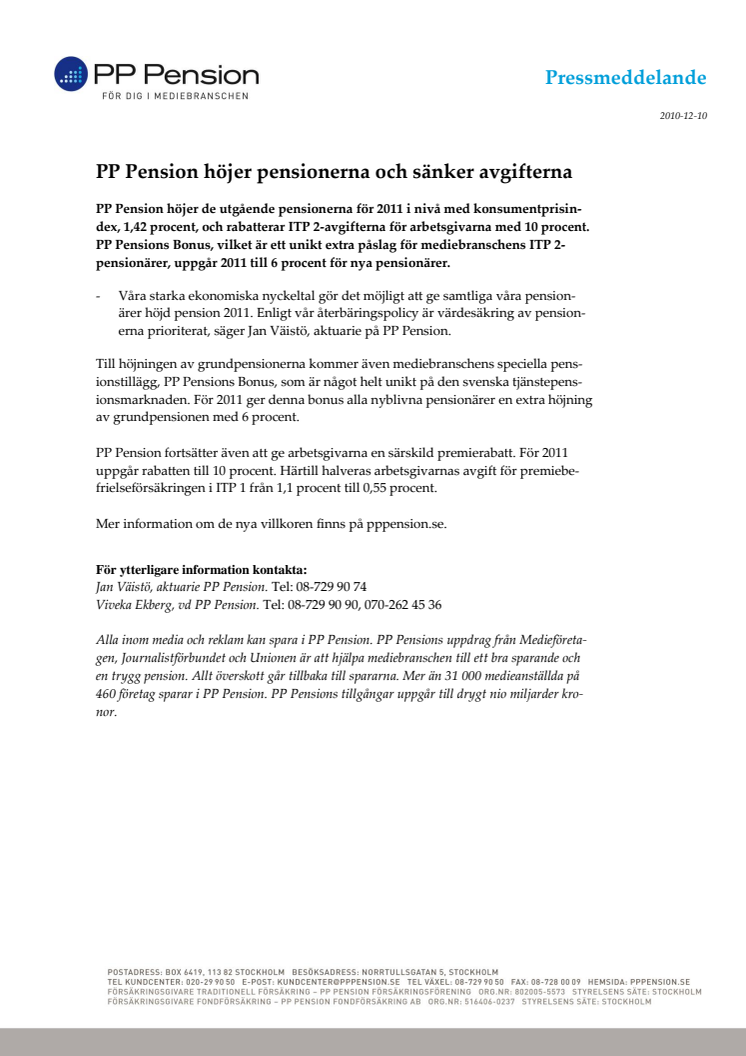 PP Pension höjer pensionerna och sänker avgifterna