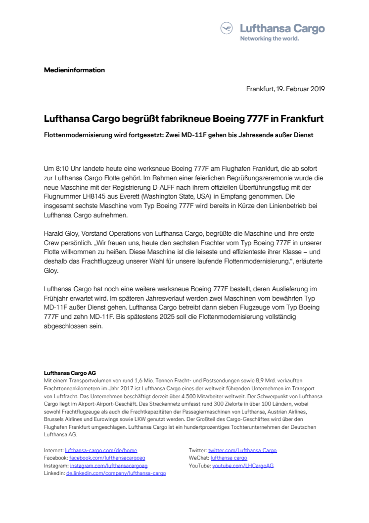 Lufthansa Cargo begrüßt fabrikneue Boeing 777F in Frankfurt 