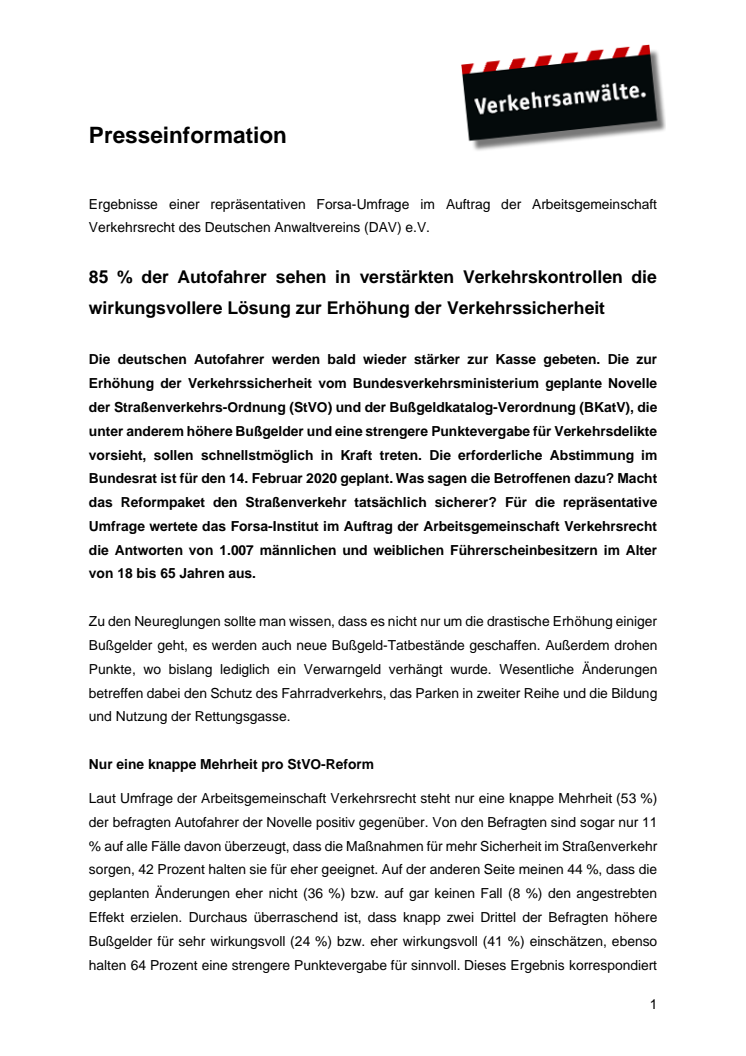 Forsa-Umfrage zur Bußgeldreform: 85 % der Autofahrer sehen in verstärkten Verkehrskontrollen die wirkungsvollere Lösung zur Erhöhung der Verkehrssicherheit