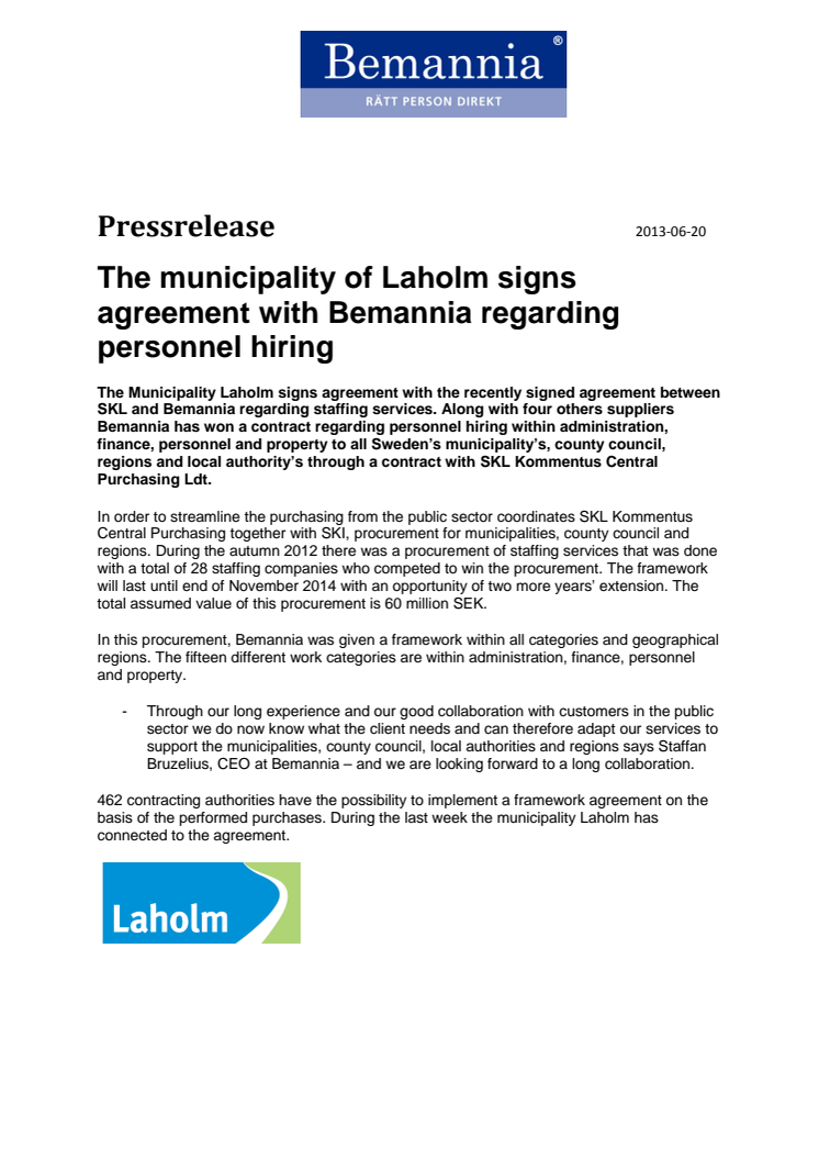 The municipality of Laholm signs agreement with Bemannia regarding personnel hiring