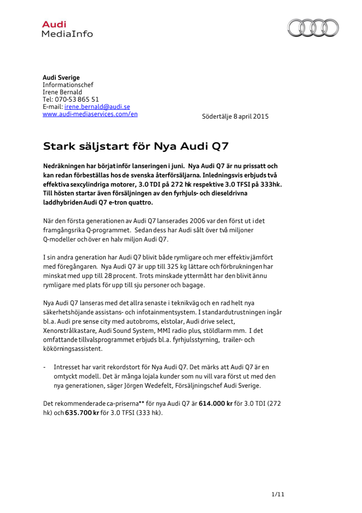 Stark säljstart för Nya Audi Q7
