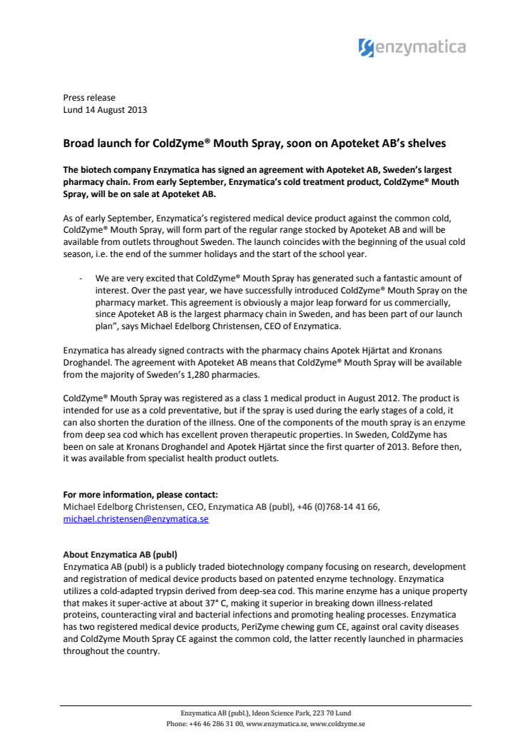 Broad launch for ColdZyme® Mouth Spray, soon on Apoteket AB’s shelves 