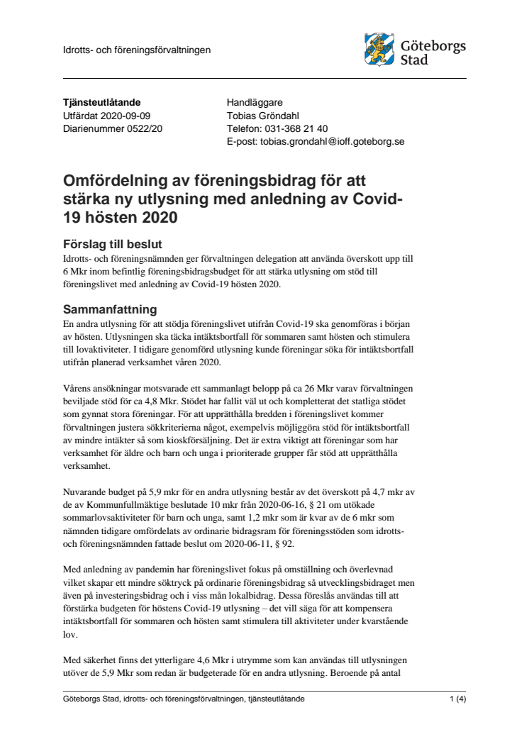 Tjänsteutlåtande - Omfördelning av föreningsbidrag för att stärka ny utlysning med anledning av Covid 19 hösten 2020.pdf
