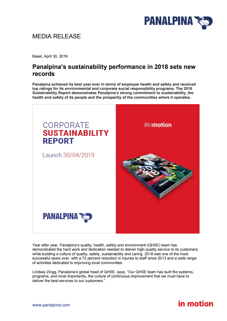 Panalpina’s sustainability performance in 2018 sets new records