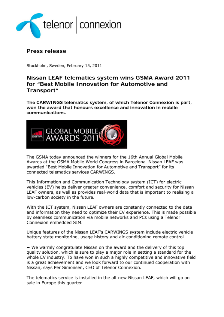Nissan LEAF telematics system wins GSMA Award 2011 for “Best Mobile Innovation for Automotive and Transport”