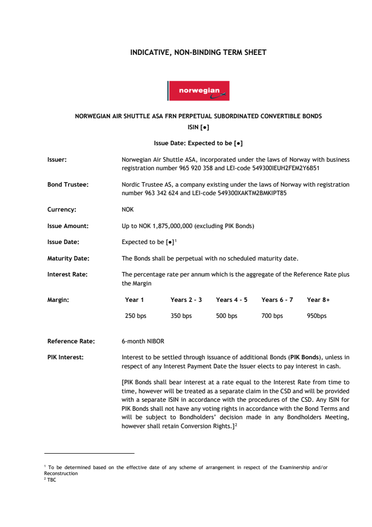 Norwegian presents update of indicative plan for exit from Irish examinership and Norwegian reconstruction processes