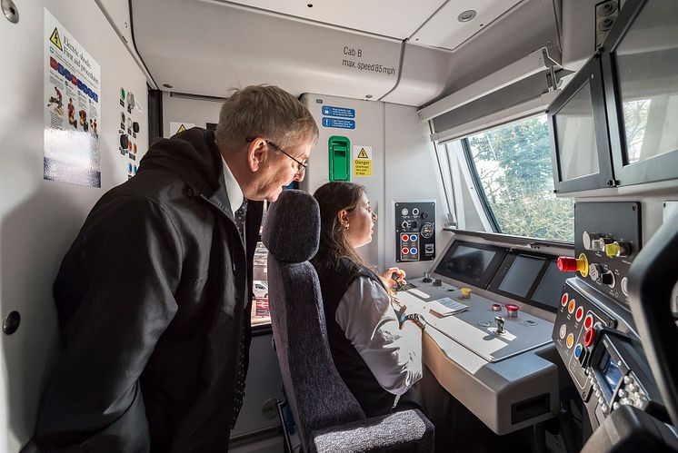 Retired driver Ian Twells and modern day driver Zornitsa Tsankova in cab on launch day of new Moorgate train 25.03.19