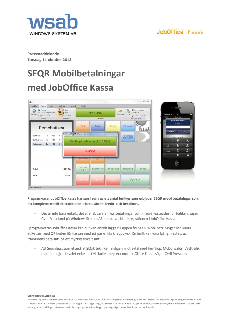 SEQR Mobilbetalningar med JobOffice Kassa