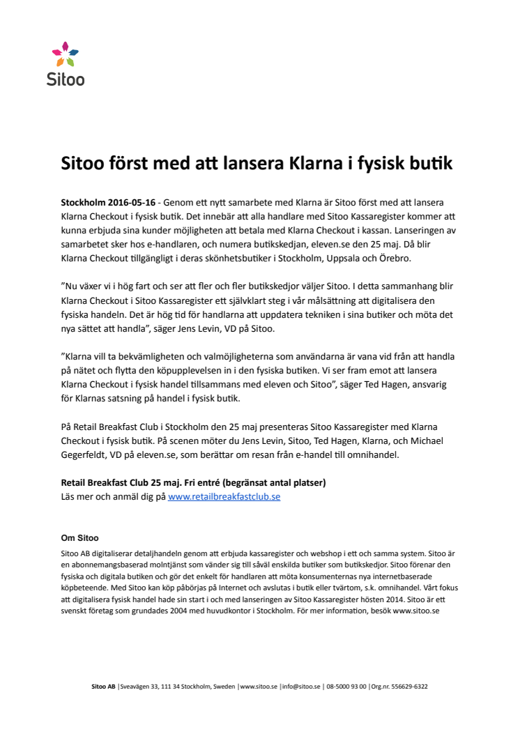 Sitoo först med att lansera Klarna i fysisk butik