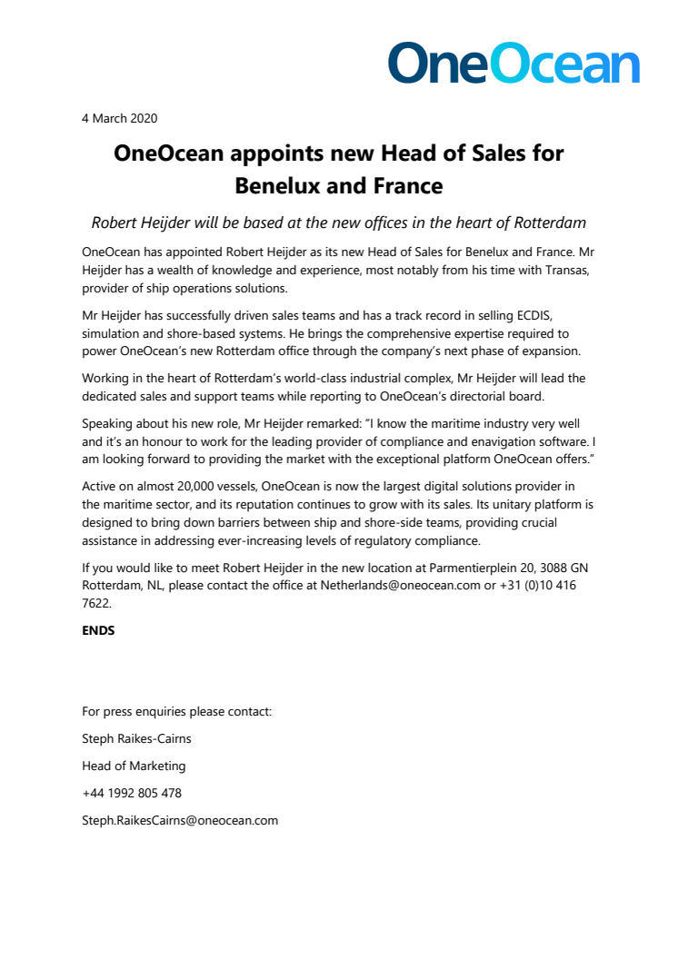 OneOcean appoints new Head of Sales for Benelux and France