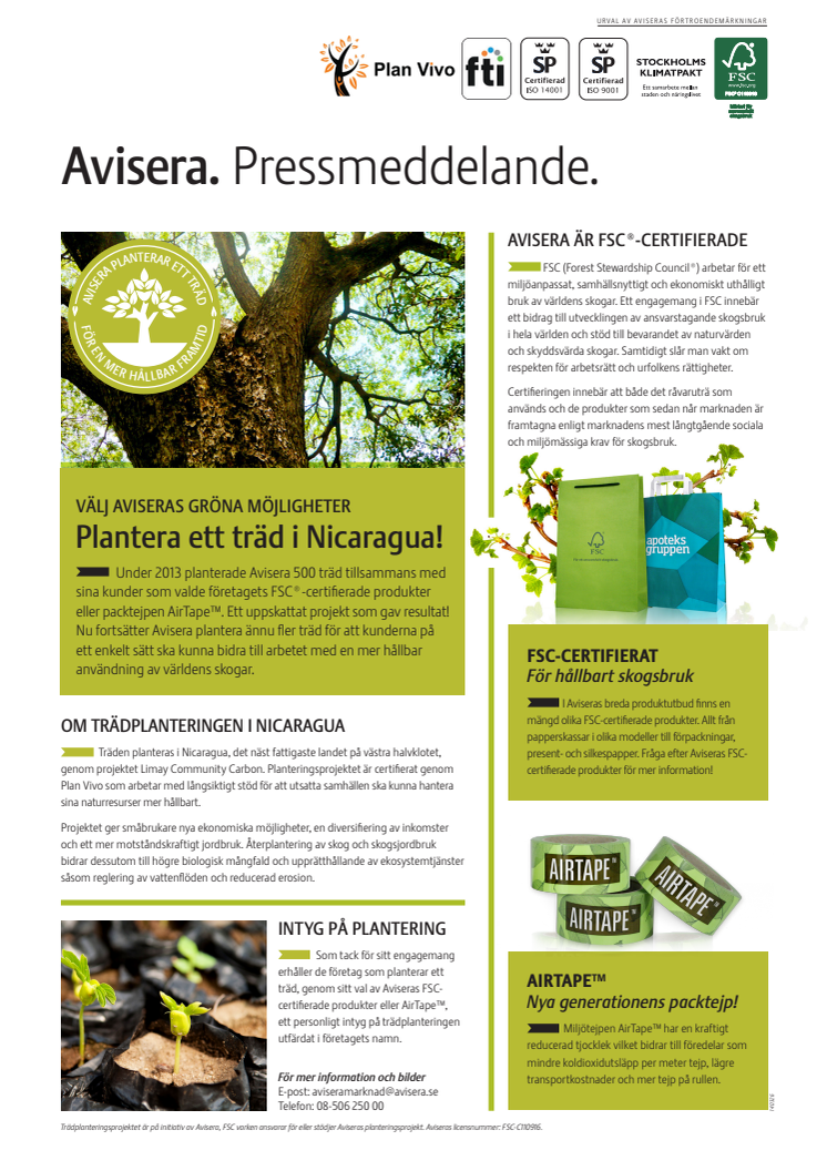Välj Aviseras gröna möjligheter och plantera ett träd i Nicaragua!