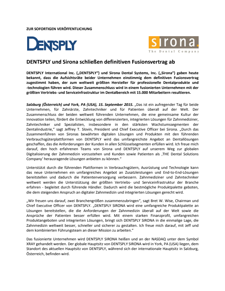 DENTSPLY und Sirona schließen Fusionsvertrag ab