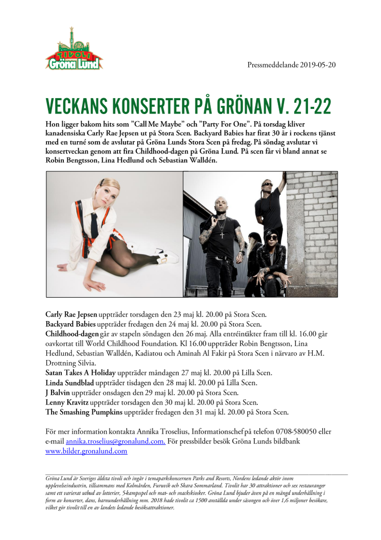 Veckans konserter på Grönan V. 21-22