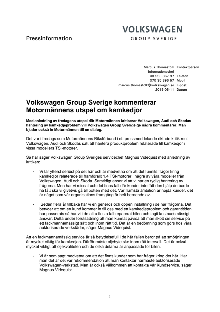 Volkswagen Group Sverige kommenterar Motormännens utspel om kamkedjor