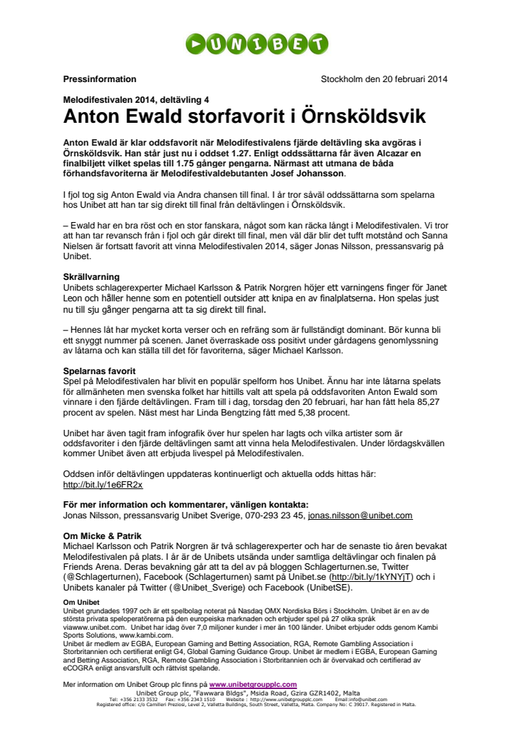 Melodifestivalen 2014, deltävling 4: Anton Ewald storfavorit i Örnsköldsvik