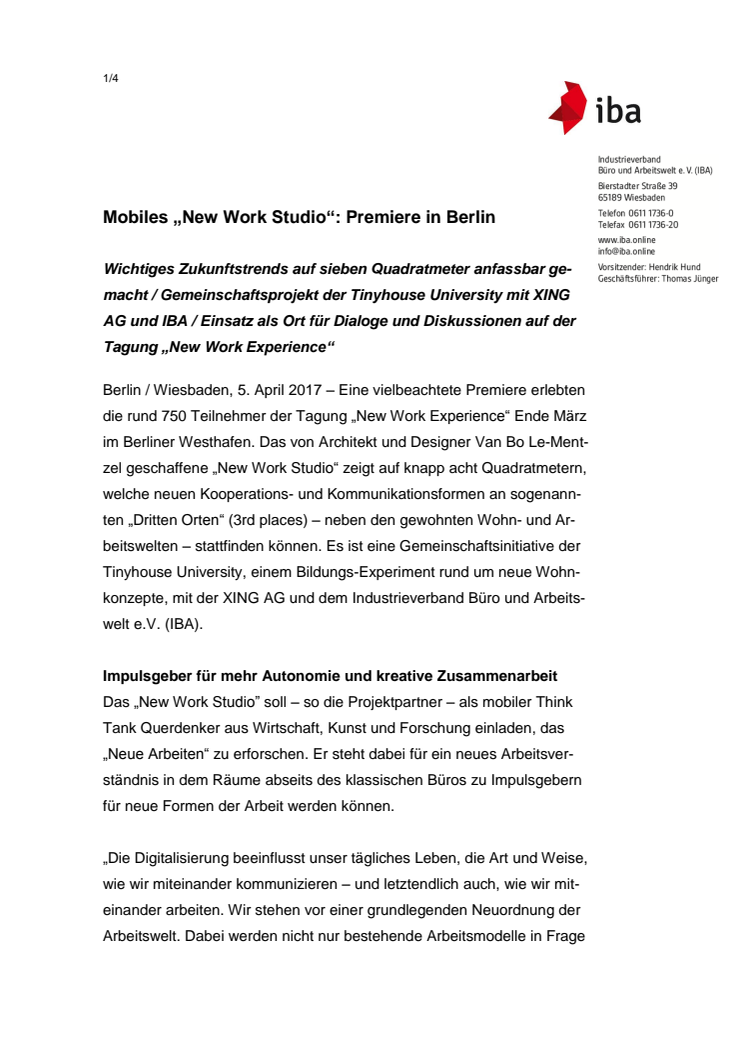 Mobiles „New Work Studio“: Premiere in Berlin