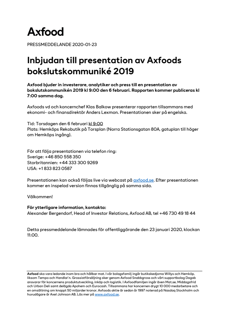 Inbjudan till presentation av Axfoods bokslutskommuniké 2019