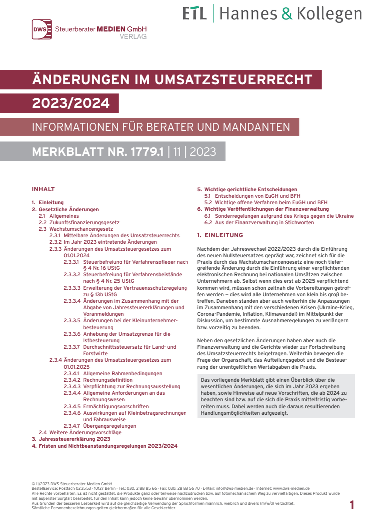 Umsatzsteuer Merkblatt 2023 - Hinweise auf neue Vorschriften 2024, wesentliche Änderungen 2023