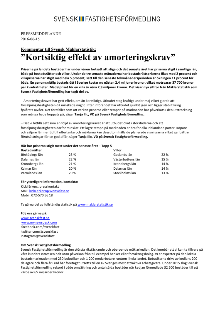 Kommentar till Svensk Mäklarstatistik: ”Kortsiktig effekt av amorteringskrav”