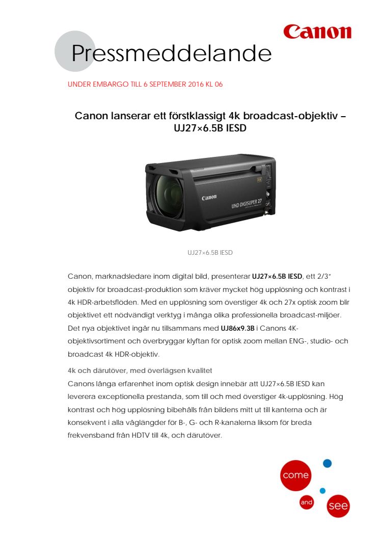 Canon lanserar ett förstklassigt 4k broadcast-objektiv – UJ27×6.5B IESD